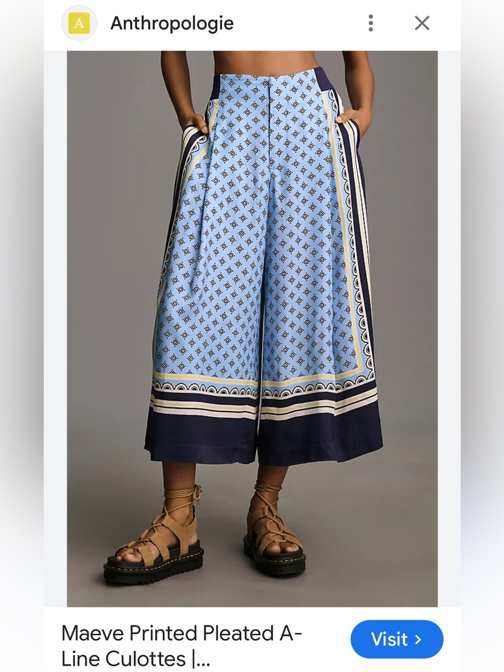 Anthropology Maeve Printed Pleated A-Line Culottes. Navy multi. Size S. NWT